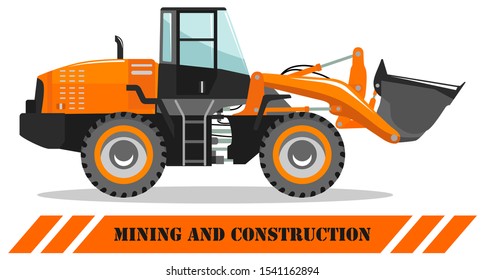Wheel loader. Detailed illustration of heavy mining machine and construction equipment. Vector illustration. 