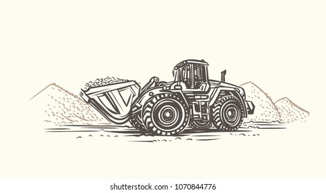 Wheel Loader hand drawn sketch. Vector. Loader/ground/background Layered. 