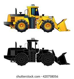 Wheel loader, heavy equipment and machinery. Detailed vector illustration. Isolated on white. Icon. Flat style. Silhouette