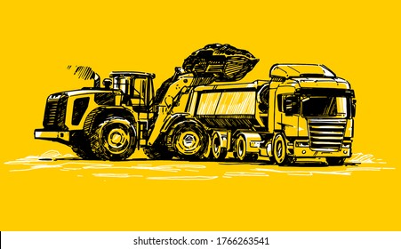 Wheel loader loads soil into a truck. Work in a quarry
