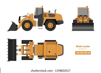 Wheel loader on white background. Top, side and front view. Hydraulic machinery image. Industrial drawing of bulldozer. Diesel digger blueprint. Vector isolated illustration