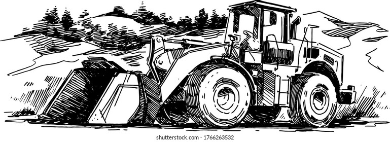 Wheel Loader in a quarry. Hand drawn illustration