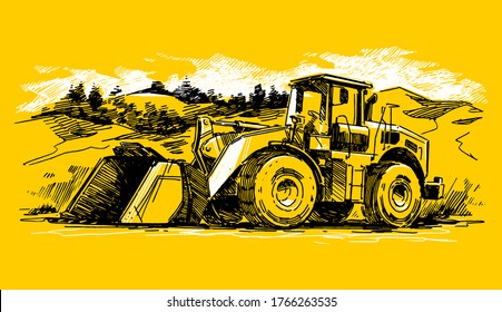 Wheel Loader in a quarry. Hand drawn illustration