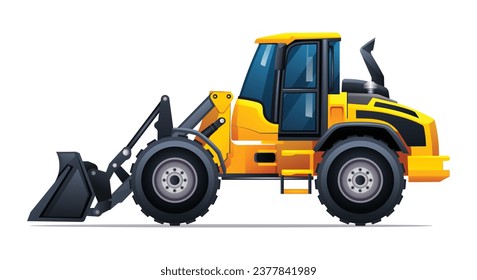 Wheel loader side view vector illustration. Heavy machinery construction vehicle isolated on white background