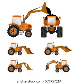 Wheel loader, tractor, bulldozer, backhoe. Vector illustration