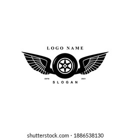 Wheel logo design vector. With silhouette of wing. Show room tire dealer car and motorcycle brand icon. Vintage classic style. Automotive garage and reseller. Spare part shop and market