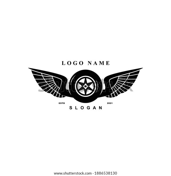 Wheel\
logo design vector. With silhouette of wing. Show room tire dealer\
car and motorcycle brand icon. Vintage classic style. Automotive\
garage and reseller. Spare part shop and\
market