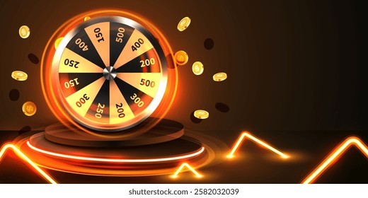 Wheel of luck or fortune. Colorful gambling wheel and flying coins. Online casino. Internet casino. Vector illustration