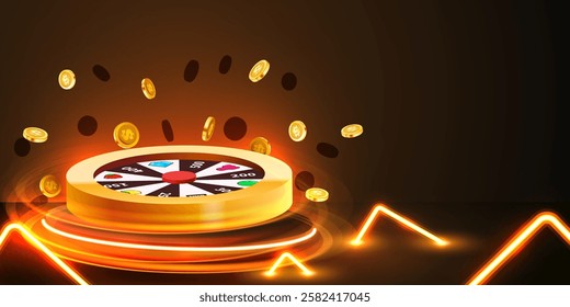 Wheel of luck or fortune. Colorful gambling wheel and flying coins. Online casino. Internet casino. Vector illustration