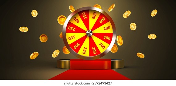 Wheel of luck or fortune. Colorful gambling wheel and flying coins and red carpet. Online casino. Internet casino. Vector illustration