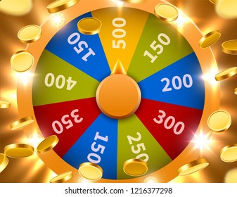 Wheel of luck or fortune with falling coins. Gamble chance leisure. Colorful gambling wheel. Jackpot prize concept background. Vector Illustration