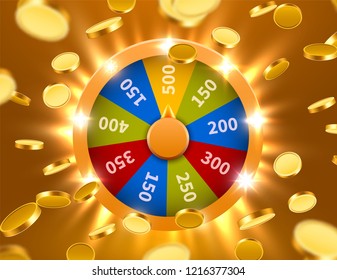 Rueda de suerte o fortuna con monedas en caída. Apuesta al ocio. Rueda de juego colorida. Antecedentes del concepto del premio acumulado. Ilustración vectorial