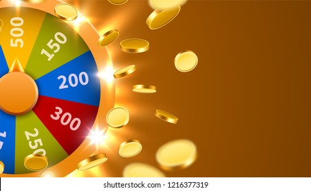 Wheel of luck or fortune with falling coins. Gamble chance leisure. Colorful gambling wheel. Jackpot prize concept background. Vector Illustration