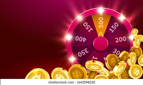 Wheel of luck or fortune with falling coins. Gamble chance leisure. Colorful gambling wheel. Jackpot prize concept background. Vector Illustration