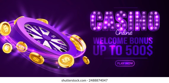 Wheel of luck or fortune. Neon gambling wheel and flying coins. Online casino banner. Internet casino. Vector illustration