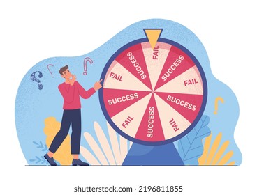 Wheel of luck. Man gambles, fortune and luck. Entrepreneur determines his future, failure or success. Lottery and casino element. Poster or banner for website. Cartoon flat vector illustration