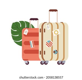 Wheel luggage for travel. Modern suitcases with handle, baggage tags and stickers. Holiday bags. Tourists packages. Flat vector illustration isolated on white background.