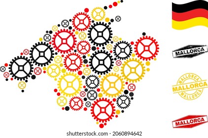 Wheel Mallorca map composition and seals. Vector collage is formed of service elements in various sizes, and Germany flag official colors - red, yellow, black.
