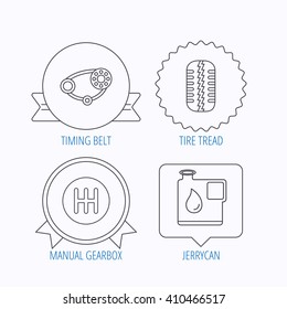 Wheel, manual gearbox and timing belt icons. Fuel jerrycan, manual transmission linear signs. Award medal, star label and speech bubble designs. Vector