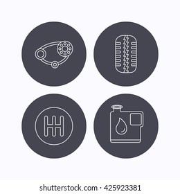 Wheel, manual gearbox and timing belt icons. Fuel jerrycan, manual transmission linear signs. Flat icons in circle buttons on white background. Vector
