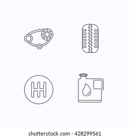 Wheel, manual gearbox and timing belt icons. Fuel jerrycan, manual transmission linear signs. Flat linear icons on white background. Vector