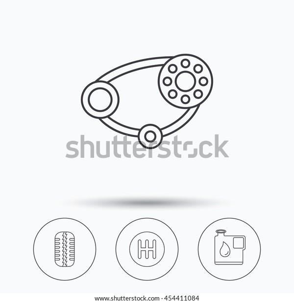 Wheel, manual gearbox and timing belt\
icons. Fuel jerrycan, manual transmission linear signs. Linear\
icons in circle buttons. Flat web symbols.\
Vector