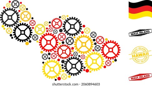 Wheel Maui Island map collage and seals. Vector collage is designed with workshop elements in various sizes, and Germany flag official colors - red, yellow, black.
