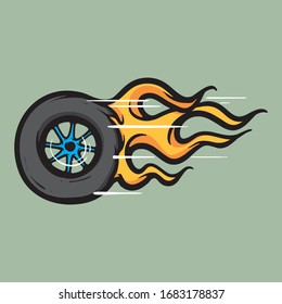 Rad in Bewegung mit flammendem Feuer. Konzept der Vektorillustration von Rollreifen. Rallye, Racing-Illustrations-Logo