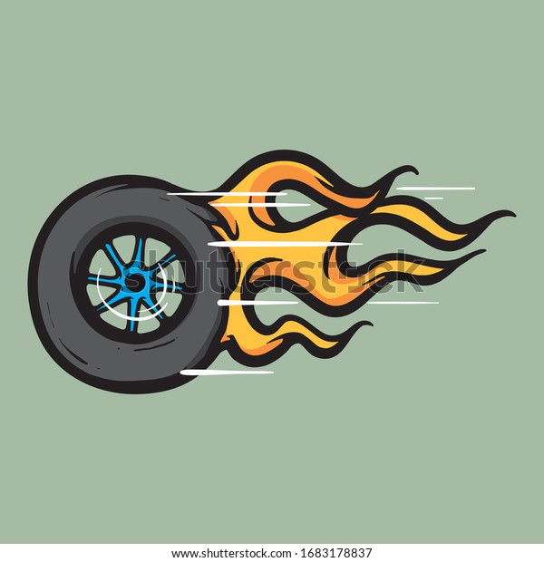 Wheel in motion with flaming\
fire. Rolling tire vector concept. Rally, racing illustration\
logo