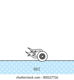 Wheel on fire icon. Race or Speed sign. Circles seamless pattern. Background with icon. Vector