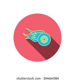 Wheel on fire icon. Race or Speed sign. Red flat circle button. Linear icon with shadow. Vector