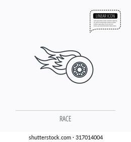 Wheel on fire icon. Race or Speed sign. Linear outline icon. Speech bubble of dotted line. Vector