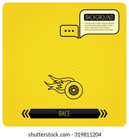 Wheel on fire icon. Race or Speed sign. Chat speech bubbles. Orange line background. Vector.