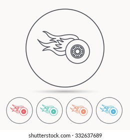 Wheel on fire icon. Race or Speed sign. Linear circle icons.