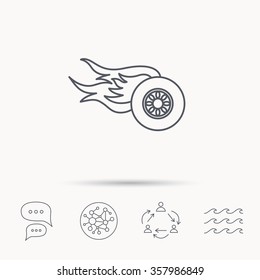 Wheel on fire icon. Race or Speed sign. Global connect network, ocean wave and chat dialog icons. Teamwork symbol.