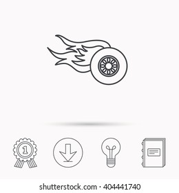 Wheel on fire icon. Race or Speed sign. Download arrow, lamp, learn book and award medal icons.