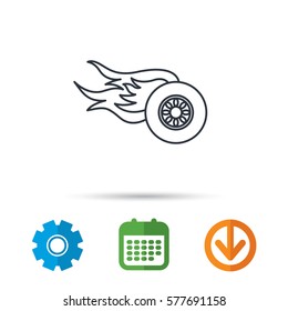 Wheel on fire icon. Race or Speed sign. Calendar, cogwheel and download arrow signs. Colored flat web icons. Vector
