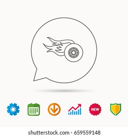 Wheel on fire icon. Race or Speed sign. Calendar, Graph chart and Cogwheel signs. Download and Shield web icons. Vector