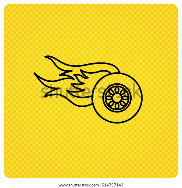 Wheel on fire icon. Race or Speed sign. Linear\
icon on orange background.\
Vector