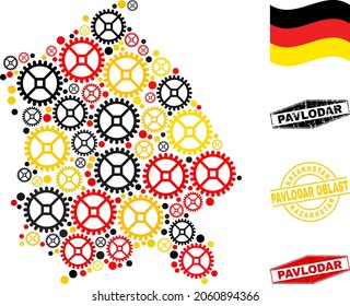 Wheel Pavlodar Region map collage and seals. Vector collage composed of wheel icons in various sizes, and German flag official colors - red, yellow, black.