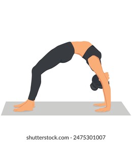 Wheel pose, Chakrasana, Upward Bow Pose. Beautiful girl practice Urdhva Dhanurasana. Yogi girl performing physical activity isolated on light background. Flat vector illustration.