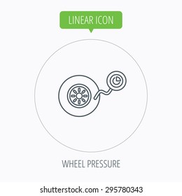 Wheel pressure icon. Tire service sign. Linear outline circle button. Vector