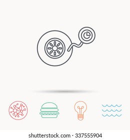 Wheel pressure icon. Tire service sign. Global connect network, ocean wave and burger icons. Lightbulb lamp symbol.