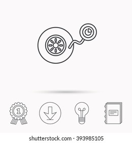 Wheel pressure icon. Tire service sign. Download arrow, lamp, learn book and award medal icons.