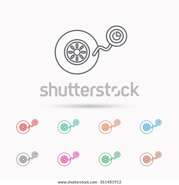 Wheel pressure icon. Tire service sign.\
Linear icons on white\
background.