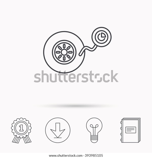 Wheel pressure icon. Tire service\
sign. Download arrow, lamp, learn book and award medal\
icons.