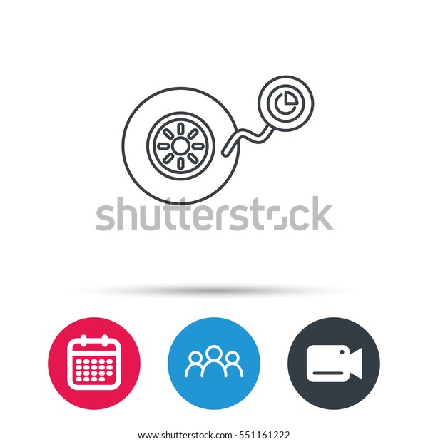 Wheel pressure icon. Tire service\
sign. Group of people, video cam and calendar icons.\
Vector