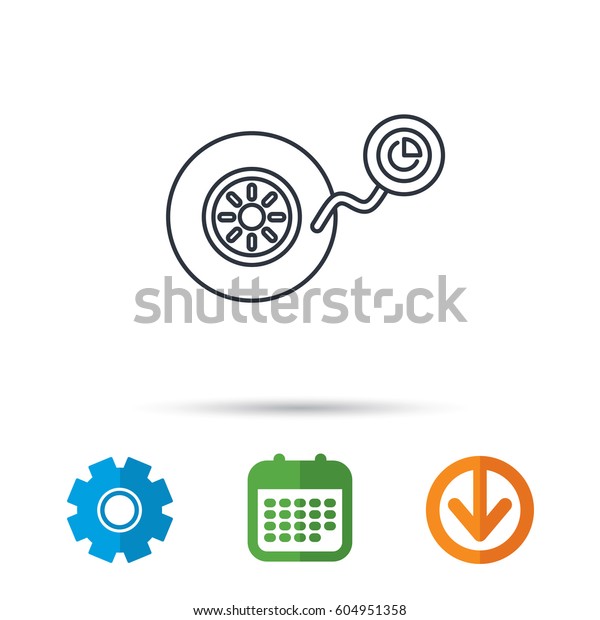 Wheel\
pressure icon. Tire service sign. Calendar, cogwheel and download\
arrow signs. Colored flat web icons.\
Vector