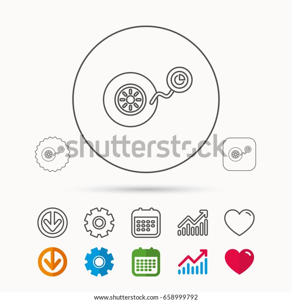 Wheel pressure icon. Tire service sign. Calendar,\
Graph chart and Cogwheel signs. Download and Heart love linear web\
icons. Vector