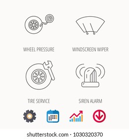 Wheel pressure, tire service and siren alarm icons. Car repair service station linear sign. Calendar, Graph chart and Cogwheel signs. Download colored web icon. Vector